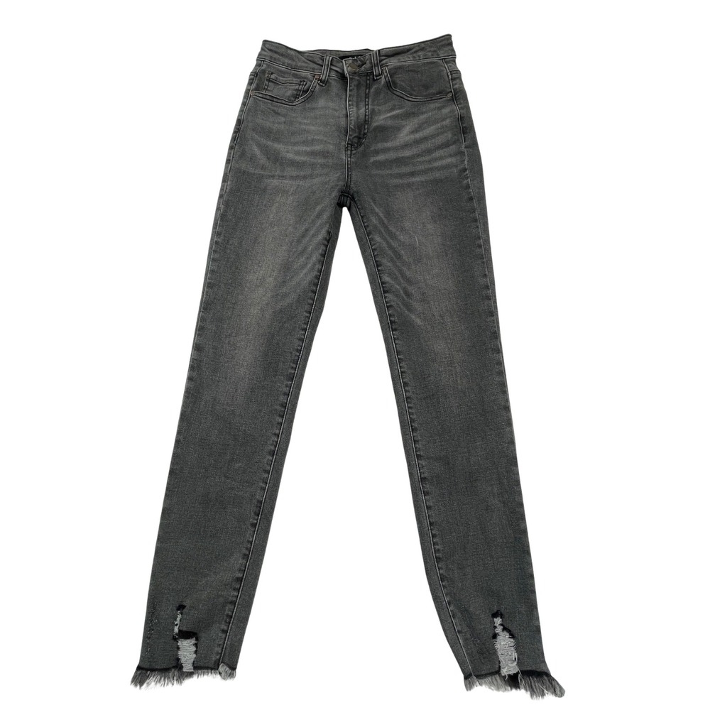 Risen Womens 5/27 High Rise Skinny Jeans Charcoal Gray Distressed Frayed Hem Y2K
